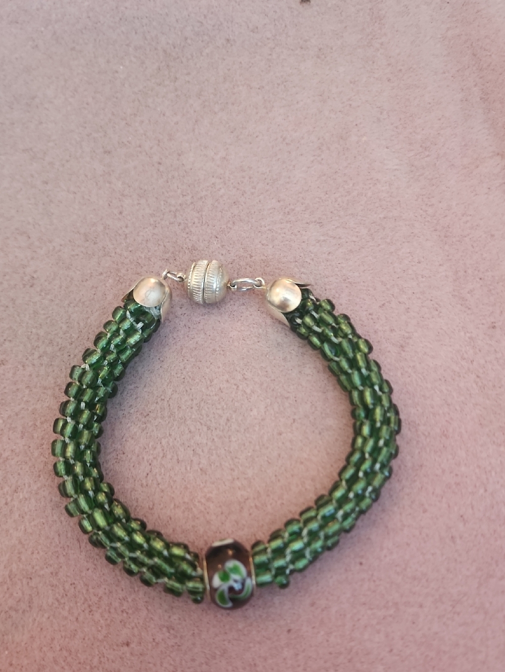 Kumihimo Green Bracelet with Unique Bead And Silver Magnetic Clasp Handmade